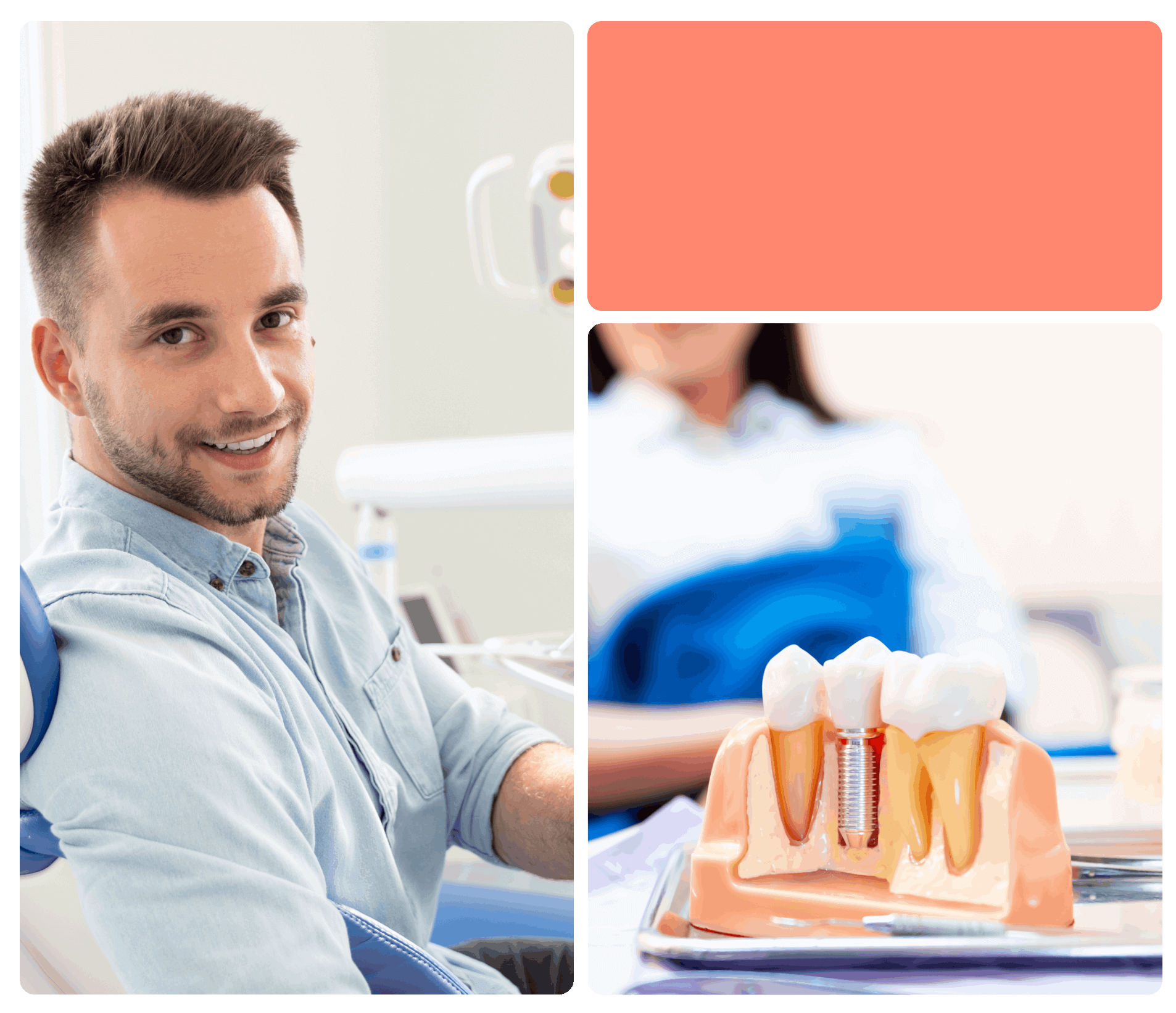 Collage of patient in dental chair and model of a dental implant
